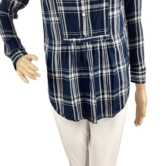 LOFT Navy Plaid Cotton Long Sleeve Tunic Top Size Small - Picture 3 of 7